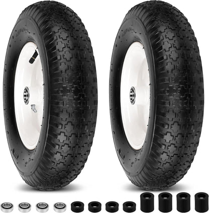 4.80/4.00-8" Wheelbarrow Tubed Tires and Wheels, 16" Universal Fit Pneumatic Tires with 3/4" or 5/8" Bearing, 3"-7" Hub, Adapter Kit Hand Truck Wheels Replacement for Garden Trailer, Wagons, 2 PCS