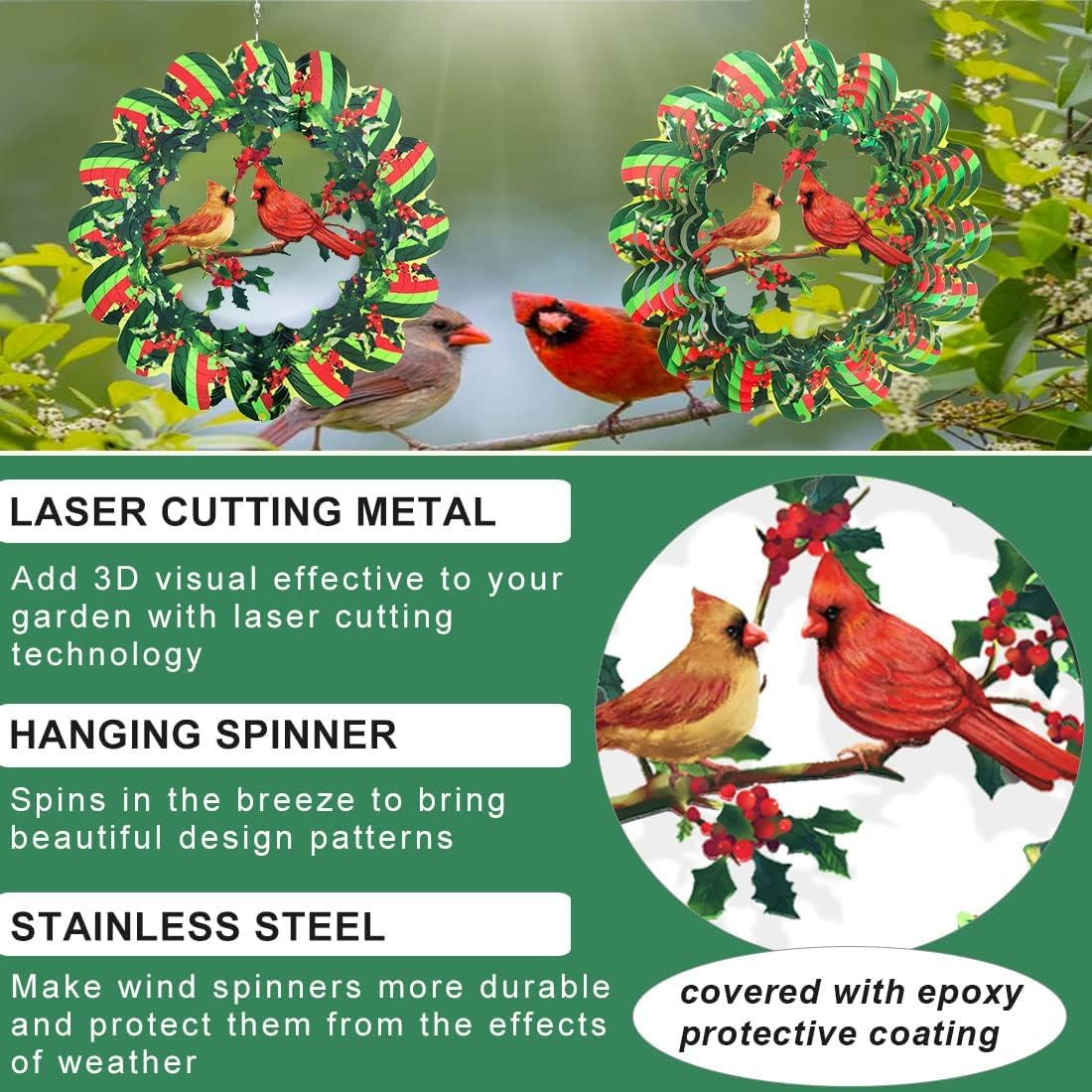 Cardinal Wind Spinner, 3D Wind Spinners Outdoor Metal Clearance, 12 Inches Green Garden Bird Spinner Hanging Yard Art, Large Colorful Spinning Wind Catcher, Wind Sculpture Spinifity Ornaments Gifts