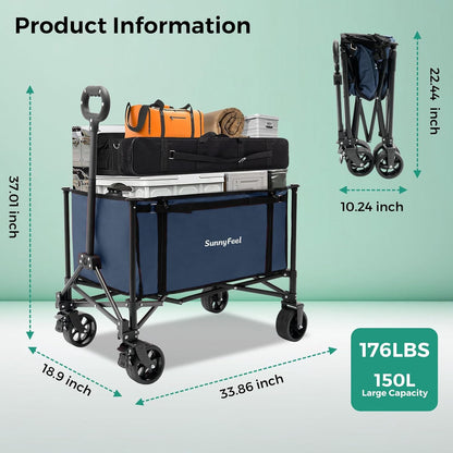 SUNNYFEEL Wagon Cart Foldable, Standard Borderless Version Collapsible Wagon with 220 LBS Max Load, Up to120L Foldable Grocery Cart with Side Opened for Groceries, Garden & Camping,Blue
