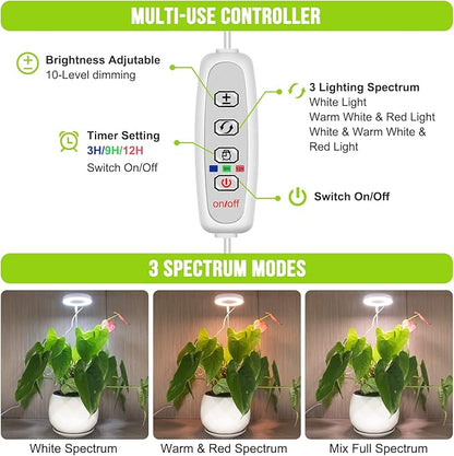 Grow Lights for Indoor Plants, Full Spectrum Halo Growing lamp with Detachable Base, Height Adjustable, 3 Colors, 10 Dimming, Automatic Timer, Plant Light for Small Plants Growing, 2-Pack