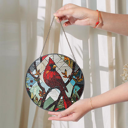 6" Red Cardinal Stained Glass Suncatchers Art Glass Cardinal Birds for Sun Catcher Indoor Gifts for Pet Animal Nature Floral Lovers Women Grandma Mom Friend Painted Panel Décor BIRD-05B-SG6
