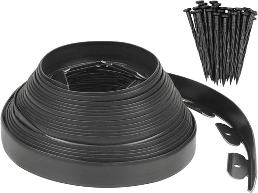 Garden Edging - 46 Feet Plastic Landscaping Edging Border with 42 PCS Spikes Apply to Flower Beds/Grass Lawn/Yard (46FT x 1.57IN, Black)