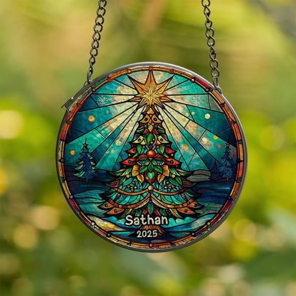 Personalized Stained Glass Christmas Tree Suncatcher, Christmas Handcraft Holiday Ornament with Name and Number, Gift for Family or Friend, Gift for Décor