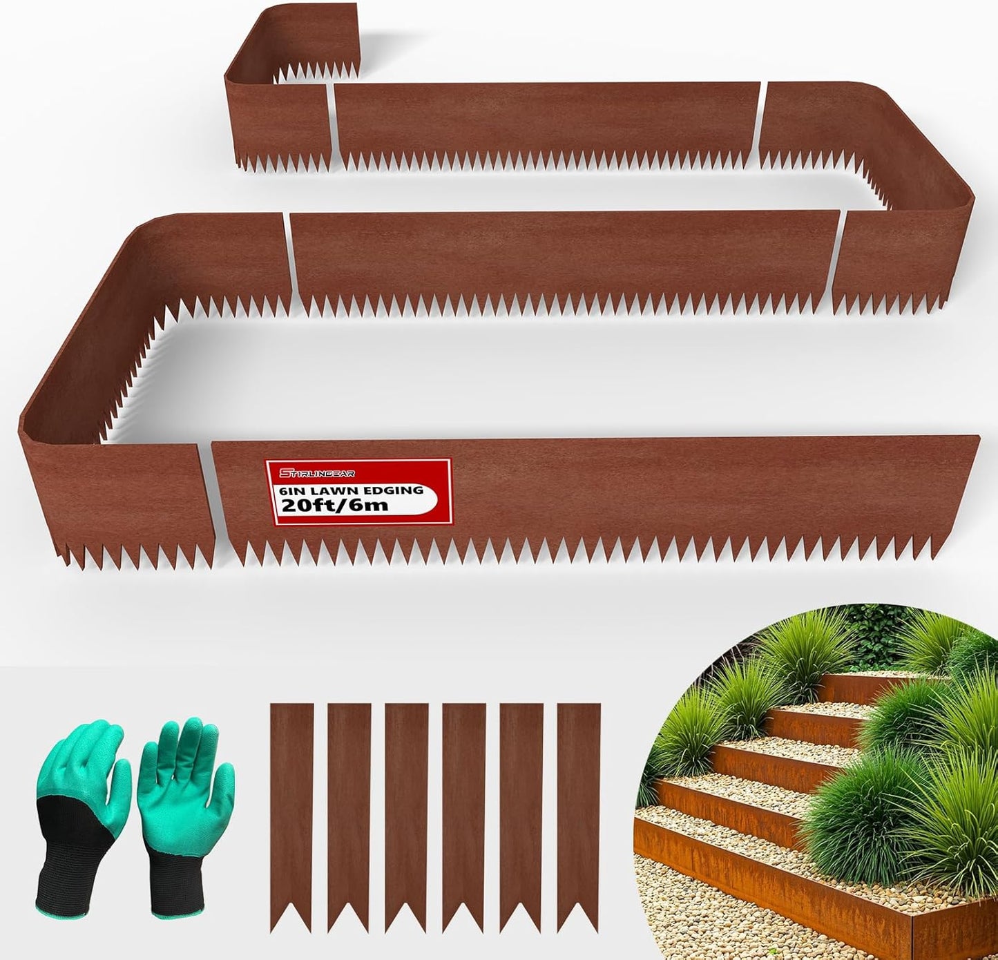 20ft. 6-Pack Cor-Ten Steel Landscape Edging - 40" L x 6" H Metal Edging for Landscaping with 6 Stakes, Hammer-in Garden Edging, Metal Landscape Edging for Flower beds, Lawn & Yard (Rusted)