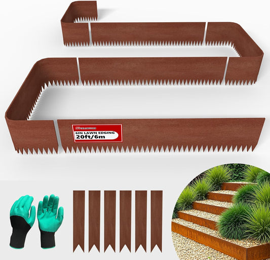 20ft. 6-Pack Cor-Ten Steel Landscape Edging - 40" L x 6" H Metal Edging for Landscaping with 6 Stakes, Hammer-in Garden Edging, Metal Landscape Edging for Flower beds, Lawn & Yard (Rusted)