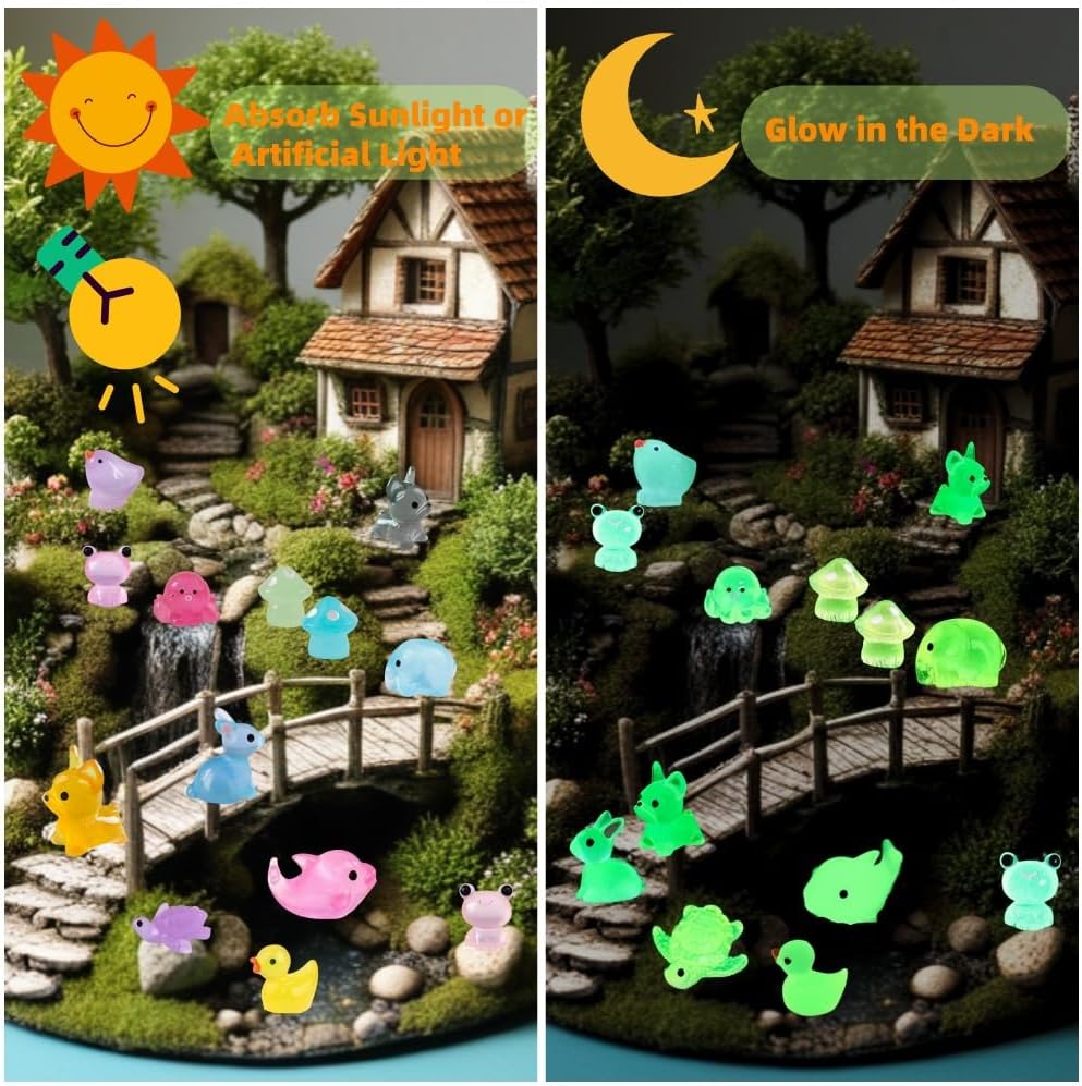 100 Pcs Luminous Mini Resin Animals, Tiny Miniature Sea Animal Figurines Glow in Dark for Crafts Landscape Miniature Garden Decor Accessories, Small Duck Frog Dog Turtle 10 Combinations to Hide Bulk