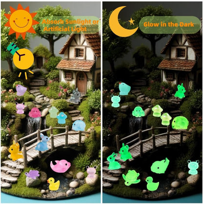 100 Pcs Luminous Mini Resin Animals, Tiny Miniature Sea Animal Figurines Glow in Dark for Crafts Landscape Miniature Garden Decor Accessories, Small Duck Frog Dog Turtle 10 Combinations to Hide Bulk