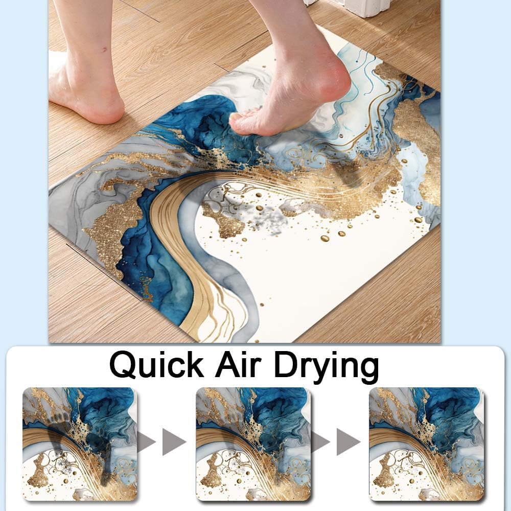 Bath Mat-Bathroom Rug，Natural Blue and Gold Marble-Absorbent Non Slip Quick Dry Stain Resistant Easy to Clean Care Shower Rug for Bathtub Shower Room 16×24Inch (40 * 60cm)