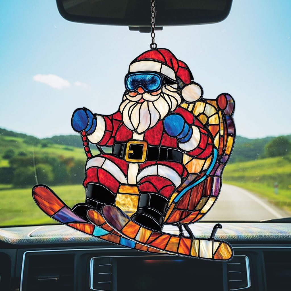 Funny Santa Claus Skiing Acrylic Suncatcher Stained Glass Effect Window Car Hanging Christmas Ornament Indoor Outdoor Decor Garden Sun Catcher Panel for Christmas Lover for Women Mom Grandma