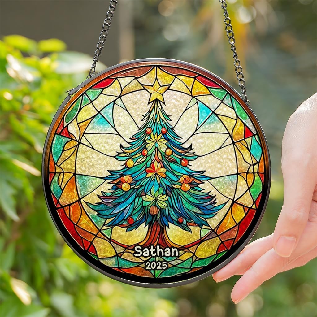 Personalized Stained Glass Christmas Tree Suncatcher, Christmas Handcraft Holiday Ornament with Name and Number, Gift for Family or Friend, Gift for Décor