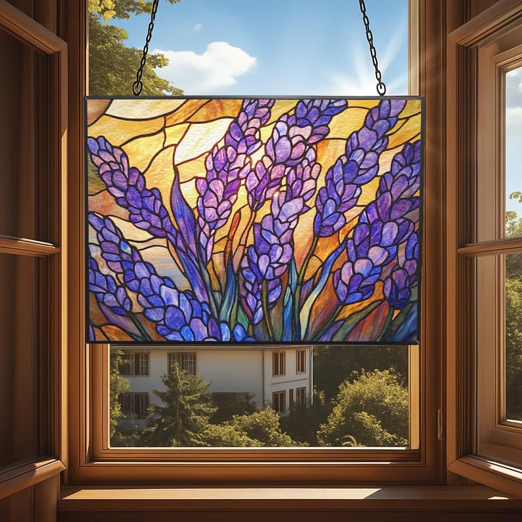 Rectangle Art Nouveau Morning Lavender Stained Glass Suncatcher Window Hangings, Suncatchers Colorful Glass Panel Sun Catchers Gifts, Decoration for Home Garden Christmas Party Wedding