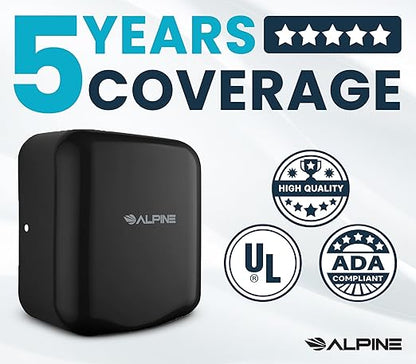 Alpine Automatic Hand Dryers for Bathrooms Commercial High Speed 110-120V Stainless Steel Electric Hand Dryer, Plug In & Hardwire Options with Air Filter, ADA & UL Compliant & 5 Years Coverage (Black)