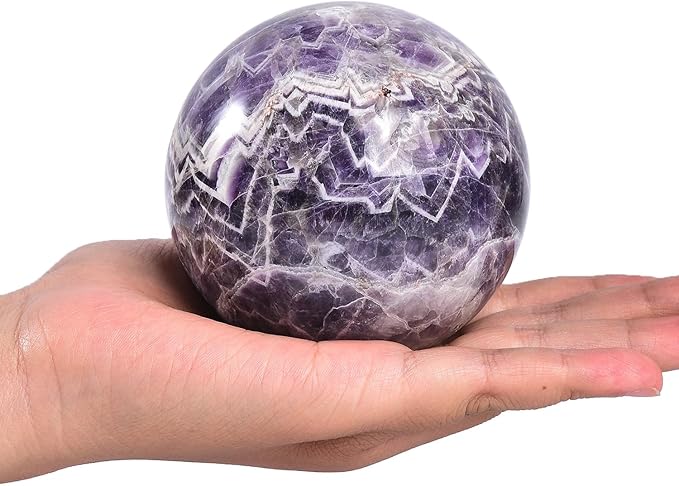JIC Gem 3.1-3.5 inch(80-90mm) Large Crystal Ball Chevron Amethyst Healing Crystals Sphere with Wooden Stand Meditation Home Decor