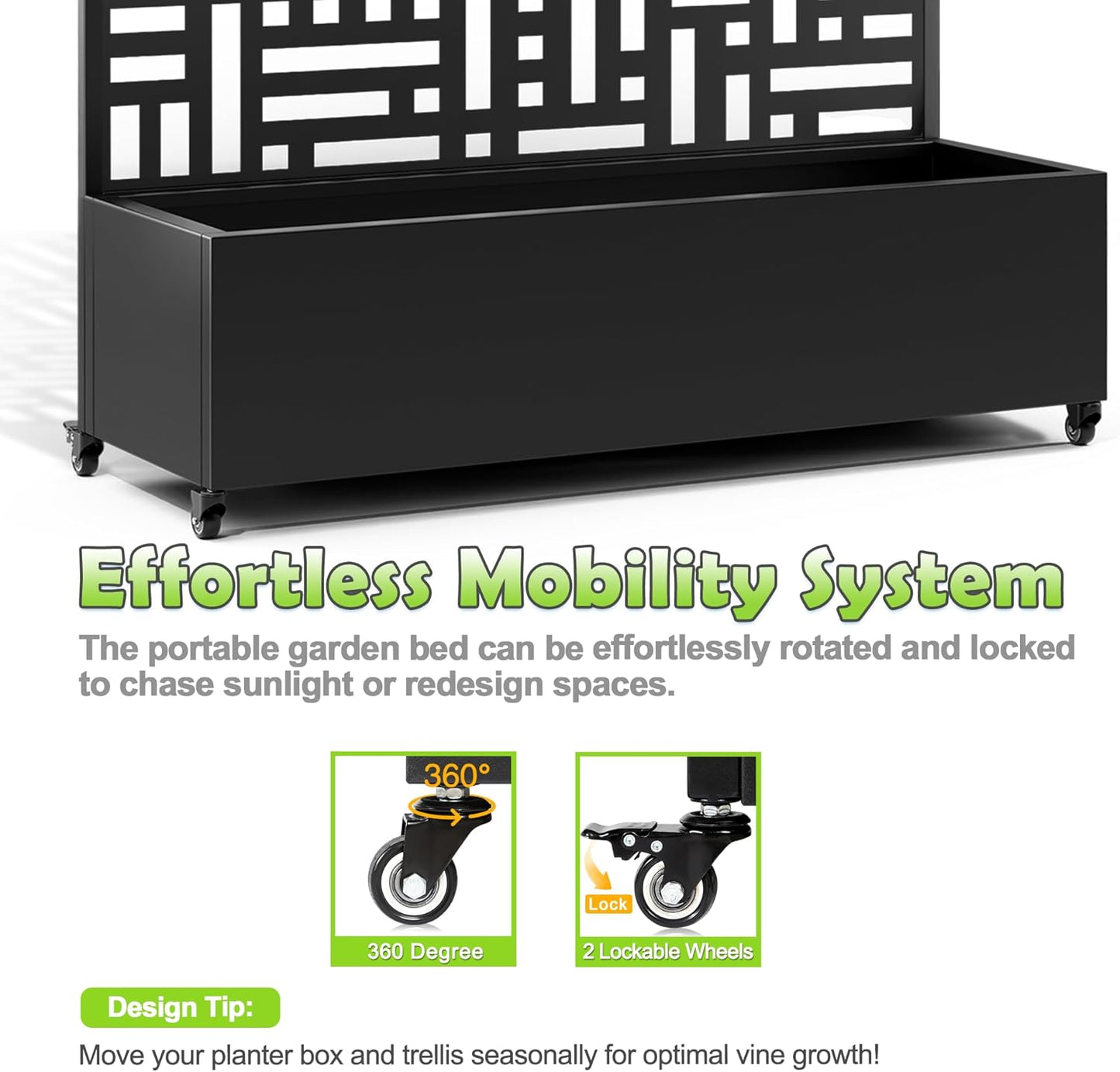 15.7"×70.9"×47.2" Metal Raised Garden Bed with Trellis and Wheels - Tall Trellis Planter Box for Climbing Plants, Vegetables & Vines - Outdoor Privacy Planters for Patio (Black-Helen)