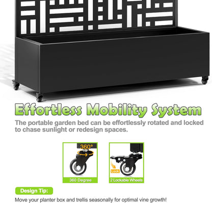 15.7"×70.9"×47.2" Metal Raised Garden Bed with Trellis and Wheels - Tall Trellis Planter Box for Climbing Plants, Vegetables & Vines - Outdoor Privacy Planters for Patio (Black-Helen)