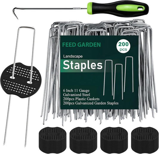 FEED GARDEN 6 Inch 200 Pcs Galvanized Landscape Staples 200 Pcs Gaskets Pick Hook Garden Stakes 11