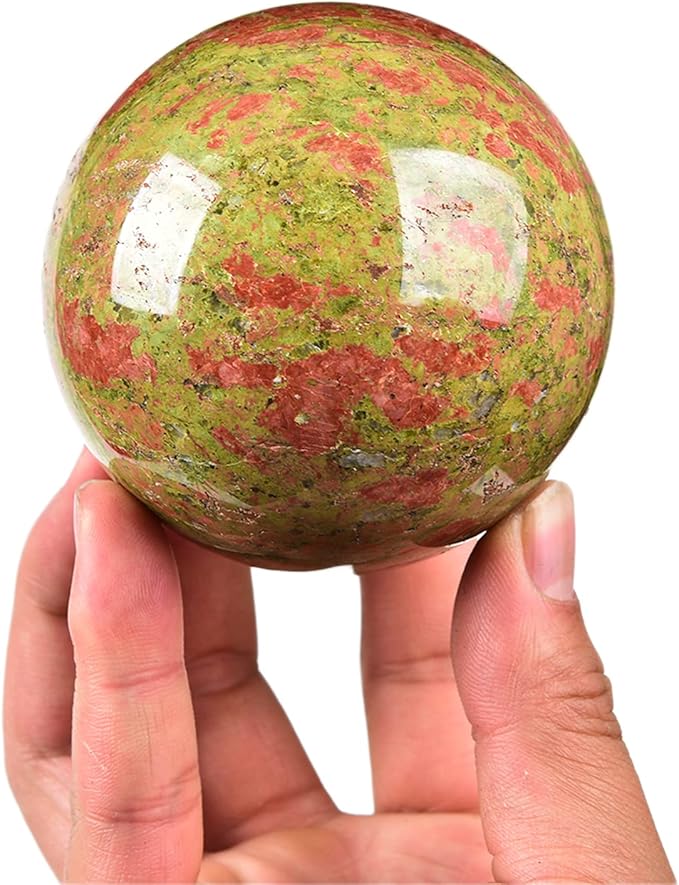 JIC Gem Healing Crystal Sphere Ball with Wood Stand Natural Unakite Rock Gemstone Sphere Crystal Orbs for Meditation Grid Decor (80-90mm)