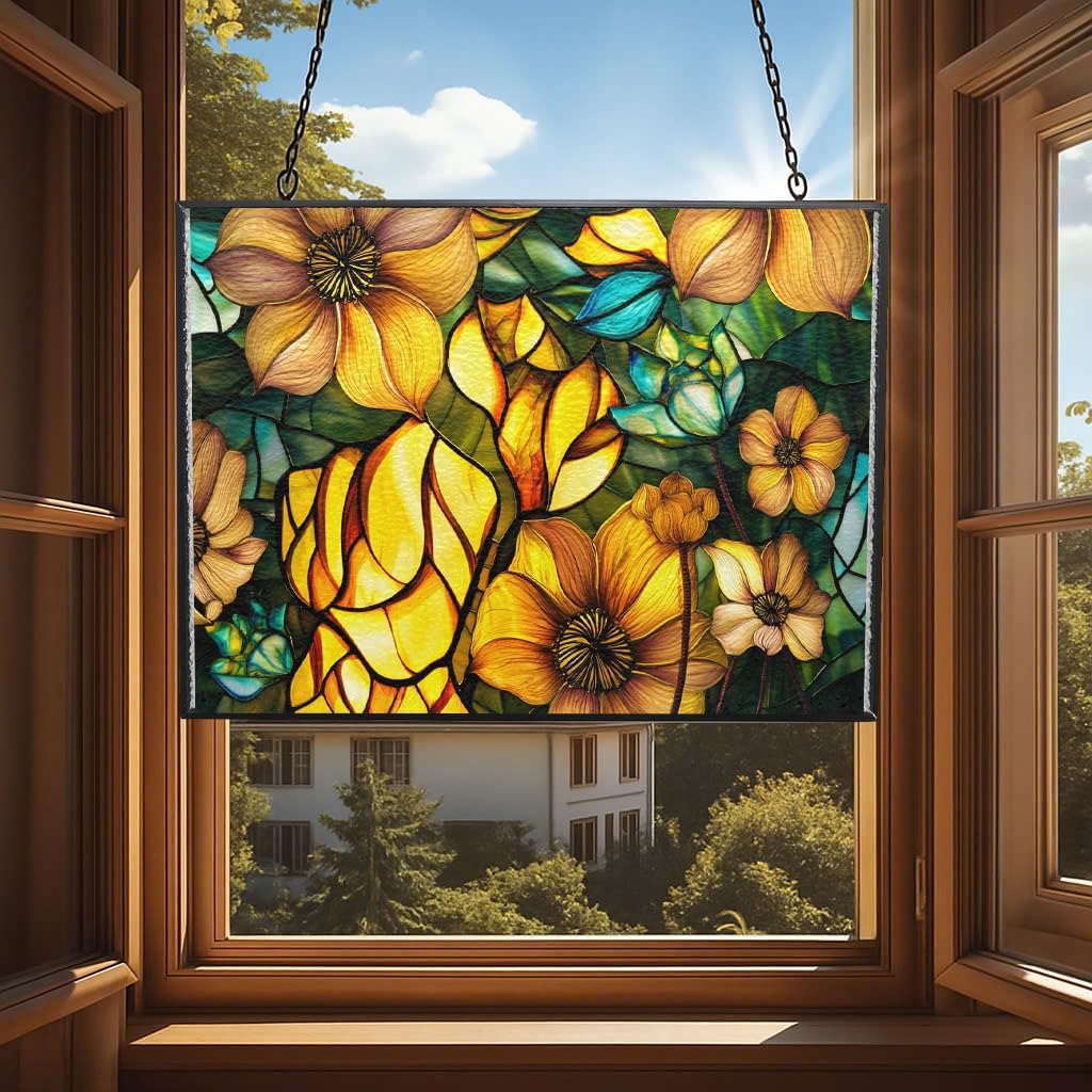 Rectangle Sun Lotus Stained Glass Suncatcher Window Hangings, Suncatchers Colorful Glass Panel Sun Catchers Gifts, Decoration for Home Garden Christmas Party Wedding