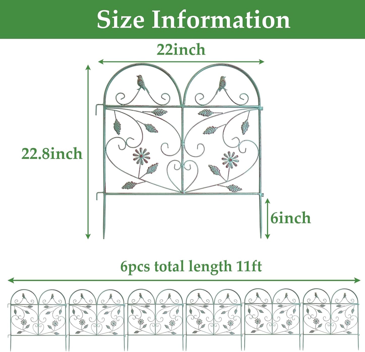 Garden Fence 6 Pack, 22.8in(H)x11Ft(L), Rustproof Metal Wire Border Animal Barrier for Dog Outdoor, Outdoor Landscape Decor for Yard & Patio, Arched Pet Fence, Vintage Decorative Garden Fencing