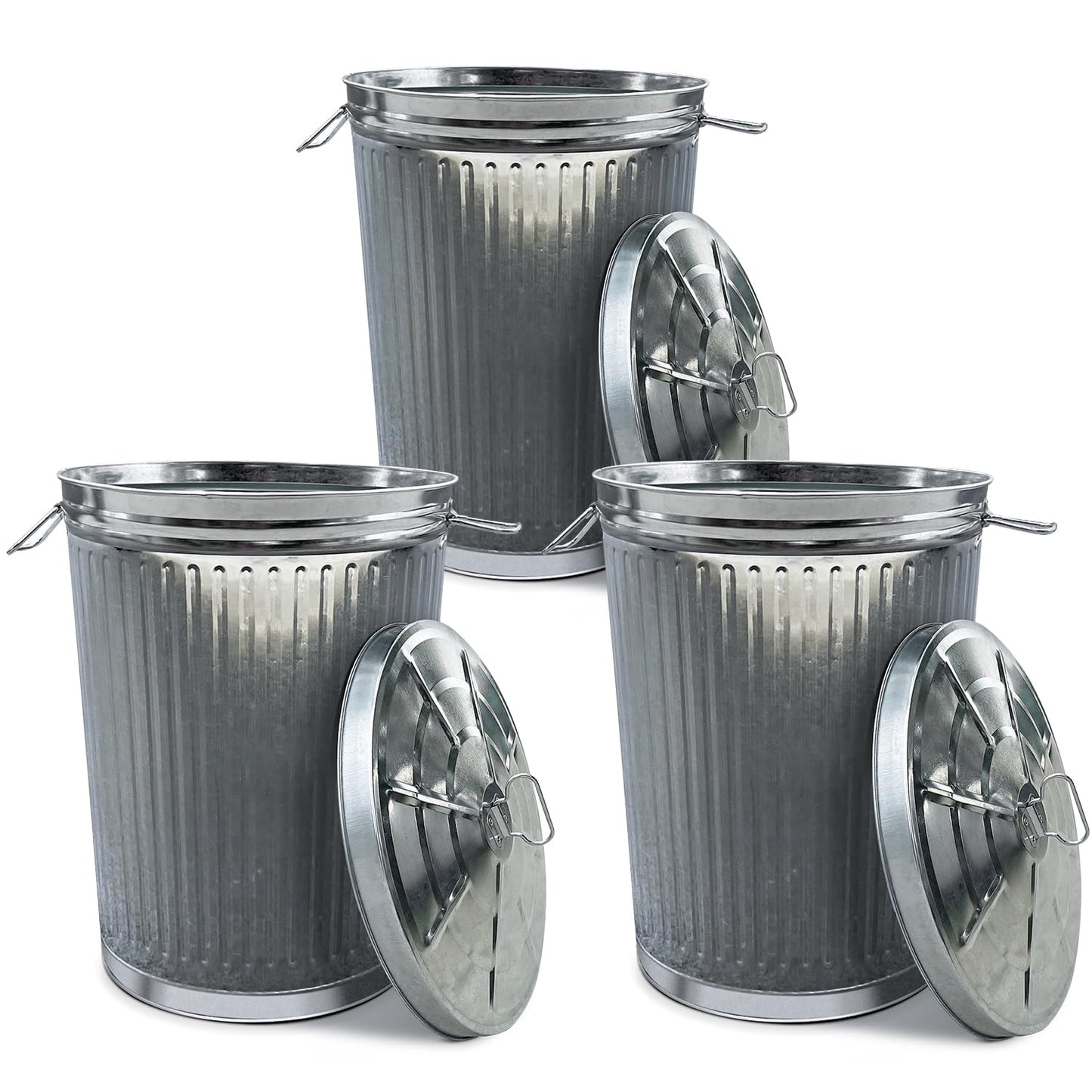 Plexon Metal Trash Can with Lid Outdoor 20 Gallon Galvanized Steel Garbage Bucket with Lid Silver, 3 Pack