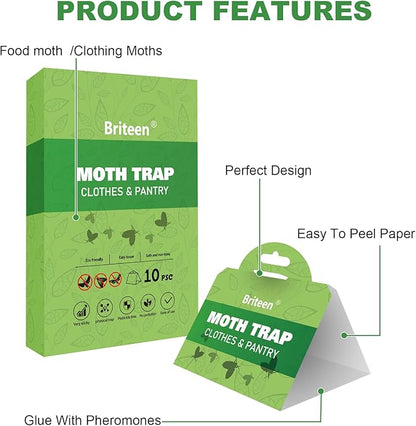 Pantry Moth Traps 10-Pack Safe and Effective for Food and Clothing- Glue Traps with Pheromones for Wool Closet Carpet Food and Cupboard K08