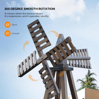 Wooden Windmill, Weather-Proof Wind Spinner, Outdoor Wind Mill for Garden Lawn Patio Decoration (Carbonized, Large)