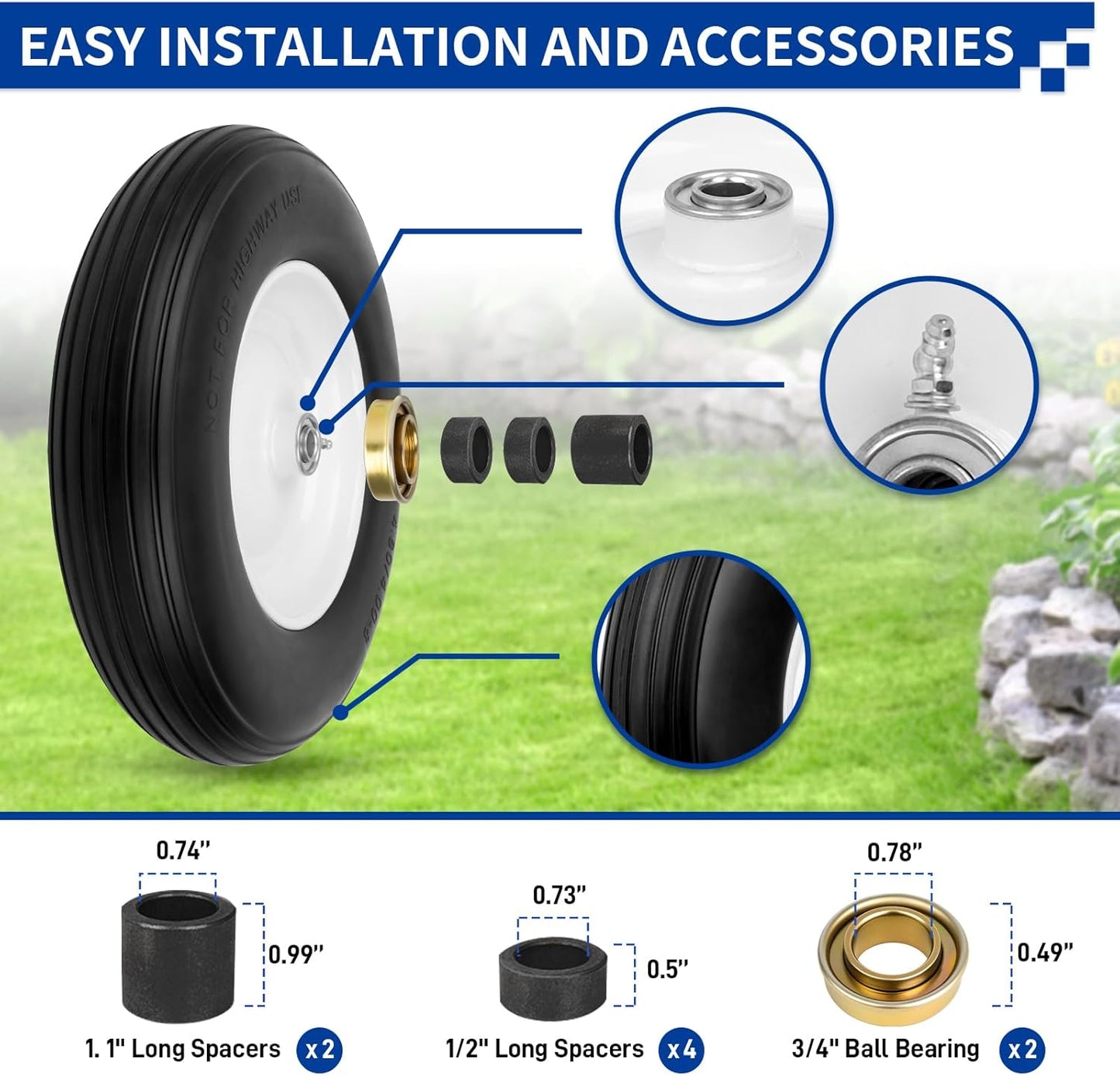 14.5'' Wheelbarrow Tires, 4.80/4.00-8 Solid Flat Free Tire Wheel with 3/4" & 5/8" Bearing, 3"-7'' Hub, Universal Replacement Solid Tire for Hand Truck/Utility Cart Fits 3.50/2.50-8, 4.00-6