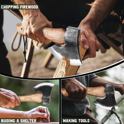 Tivoli 9-inch Small Hatchet Axe for Camping, Small Wood Hatchet Hand Axe, Hand Forged Carbon Steel Short Camp Axe for Chopping Wood, Ash Wood Handle, Retro Sheath