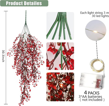RECUTMS Artificial Hanging Fern Lighted with 30 LED Fake Hanging Ivy Vines Plastic Faux Greenery Plants for Home Wall Bedroom Garden Wedding Outside Decor Pack of 4 (Red)