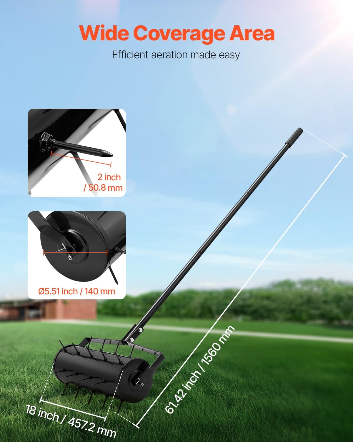 VEVOR Rolling Lawn Aerator, 18-inch Heavy-Duty Manual Rolling Aerator Lawn with Detachable Handle and 27 Iron Spikes, Rolling Lawn Aeration Tool for Garden Patio Yard Compacted Soils and Lawns, Black