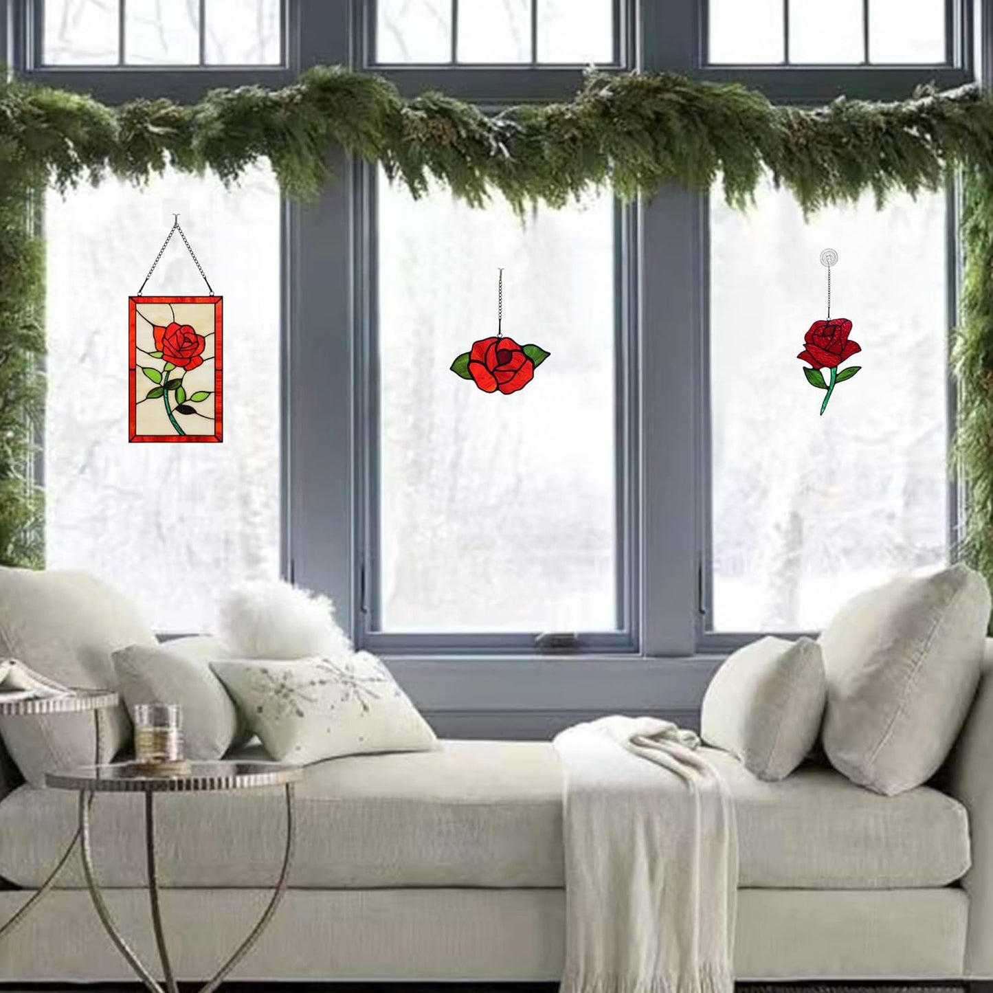 Red Rose Flower Stained Glass Window Hanging,Valentines Day Rose Gifts for Wife Girlfriend,Birthday Gift for Women, Mom, Grandma, Aunt, Sister