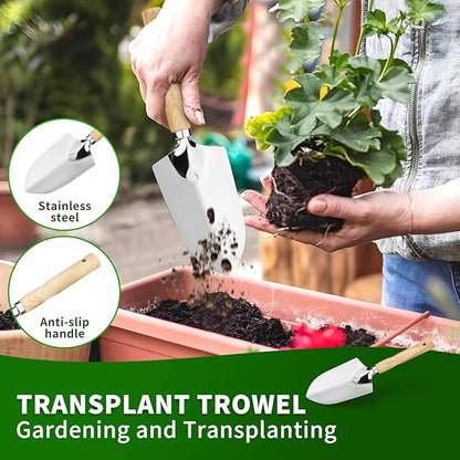 Garden Tool Set, 5 Pcs Gardening Tool Set with Weeder Puller, Dibber, Transplanter, Big Trowel, 5-Claw Cultivator - Wooden Handle Stainless Steel Gardening Hand Tools (ash Wood)