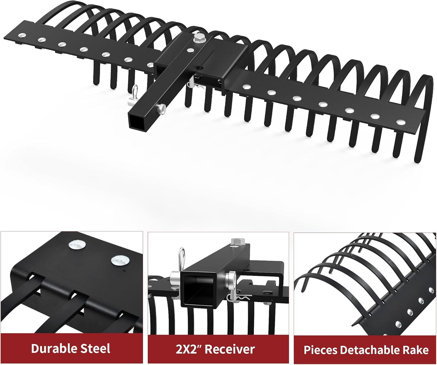 YITAMOTOR 48" Tow Behind Landscape Rake, 2" Receiver Lown Dethatcher Rack with 17 Steel Tines for ATV/UTV & 3-Point Hitch Systems Tractor, for Leaves, Debris, Grass, Pine Needles