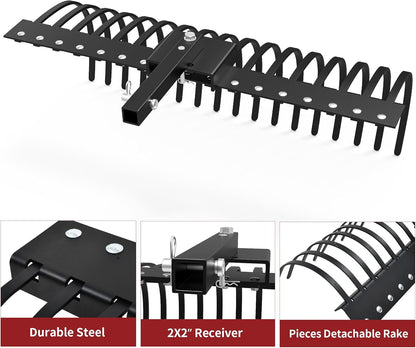 YITAMOTOR 48" Tow Behind Landscape Rake, 2" Receiver Lown Dethatcher Rack with 17 Steel Tines for ATV/UTV & 3-Point Hitch Systems Tractor, for Leaves, Debris, Grass, Pine Needles