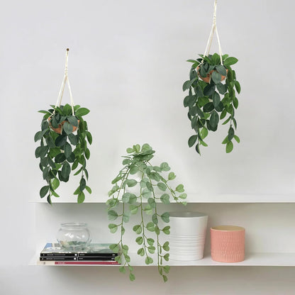 Hanging Plants Artificial Decor, Fake Hanging Plant in Clay Pot Artificial Hanging Plants with Fake Leaves and Hook for Wall Home Room Indoor Outdoor Décor (Dark Green)
