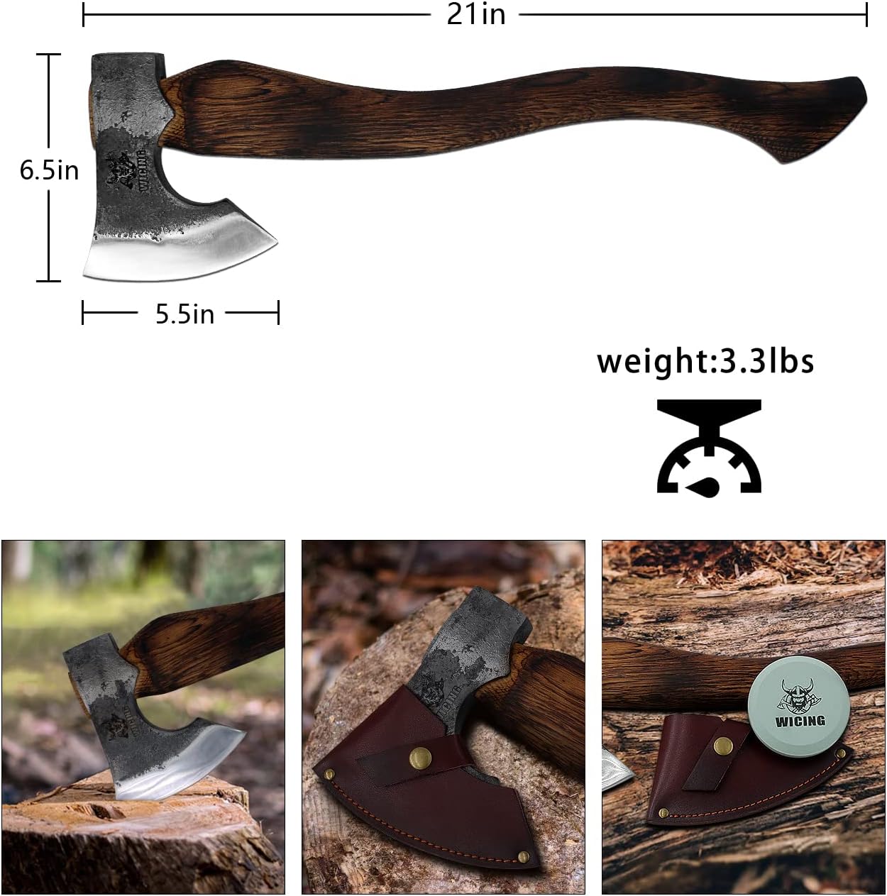 Camping Axe - 21 inches Chopping Axe for Wood Splitting and Kindling, 1055 High Carbon Steel and Beech Wooden Handle, with Leather Sheath - Head 1.5 lbs