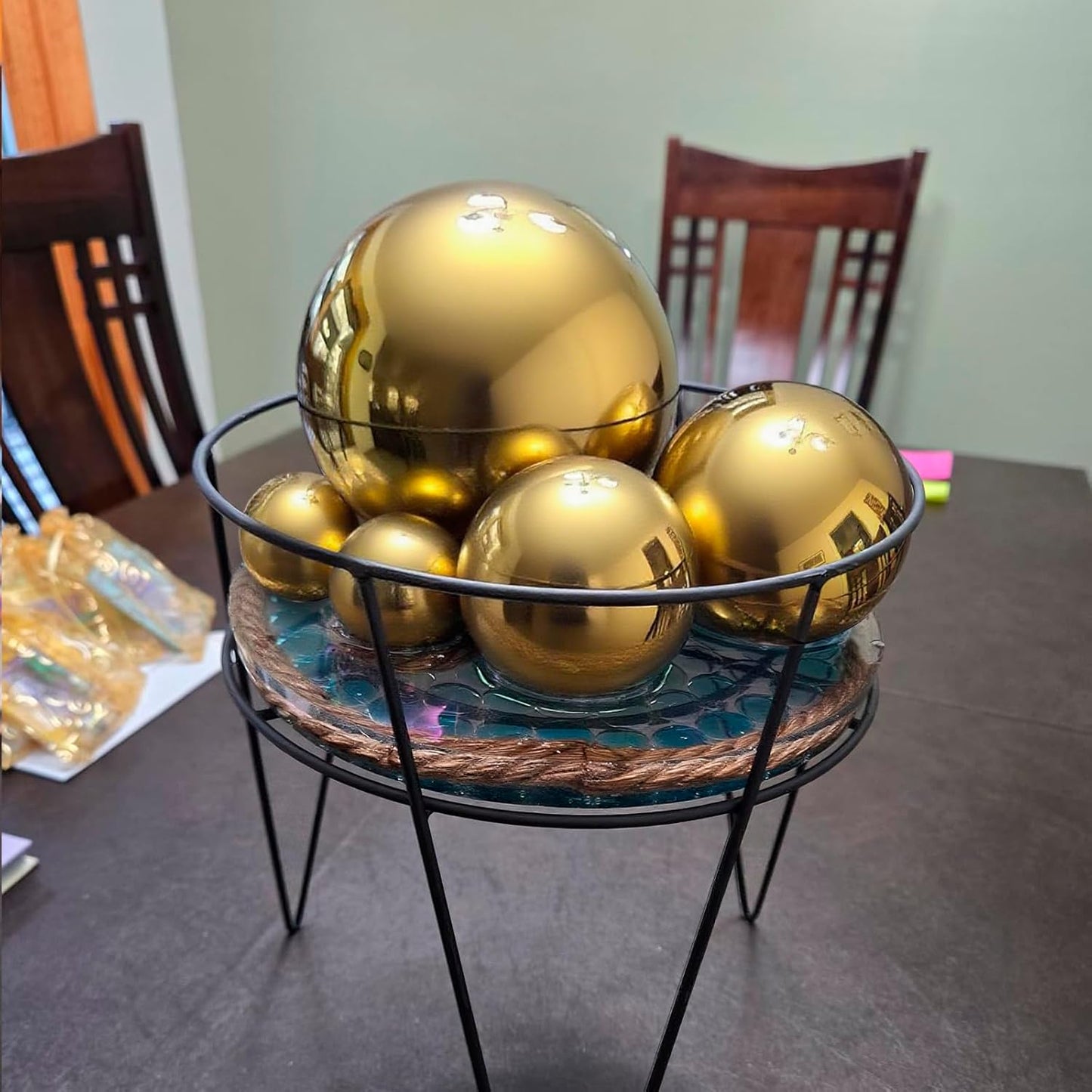 Nerien Gazing Ball, Stainless Steel Garden Mirror Globe, Polished Ornament Sphere, Hollow Floating Reflective Hemisphere, for Home Outdoor Pond Housewarming Swimming Pool Decoration, Gold, 5Pcs Mix