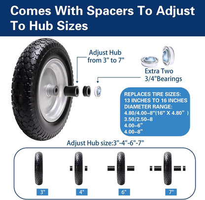 4.80/4.00-8 Tire, 14.5" Flat Free Wheelbarrow Tire and Wheel, 5/8" 3/4" Bearings Solid Replacement Tires, 3" -7" Centered Hub, Universal Fit 3.50/3.00-8, 4.00-6 Trolley Dolly Go Kar, 1 Pack