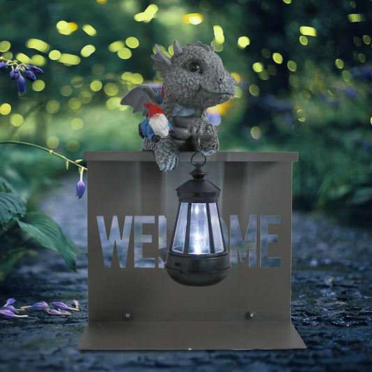 Bshine Dinosaur Garden Statue Outdoor Decor Solar Lights, Dinosaur Sculpture with Gnome Fence Hanging Solar Lantern, Housewarming Gift for Lawn Ornaments, Porch, Patio, Path, Backyard Decoration