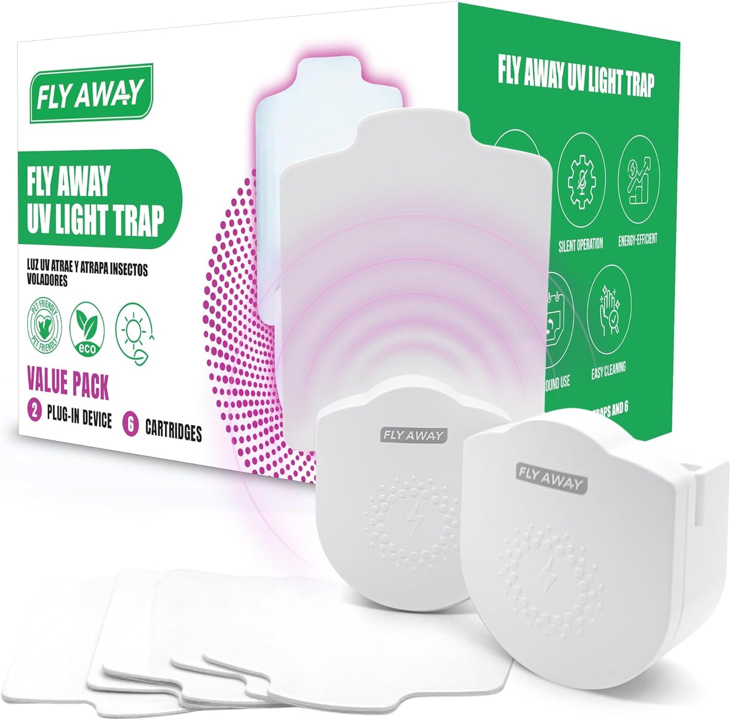 Value 2 Pack UV Light Insect Trap with 6 Sticky Refills – Indoor Plug-in Bug Zapper for Fruit Flies, Gnats, Mosquitoes – Silent, Non-Toxic Pest Control – 395nm UV Light for Maximum Attraction