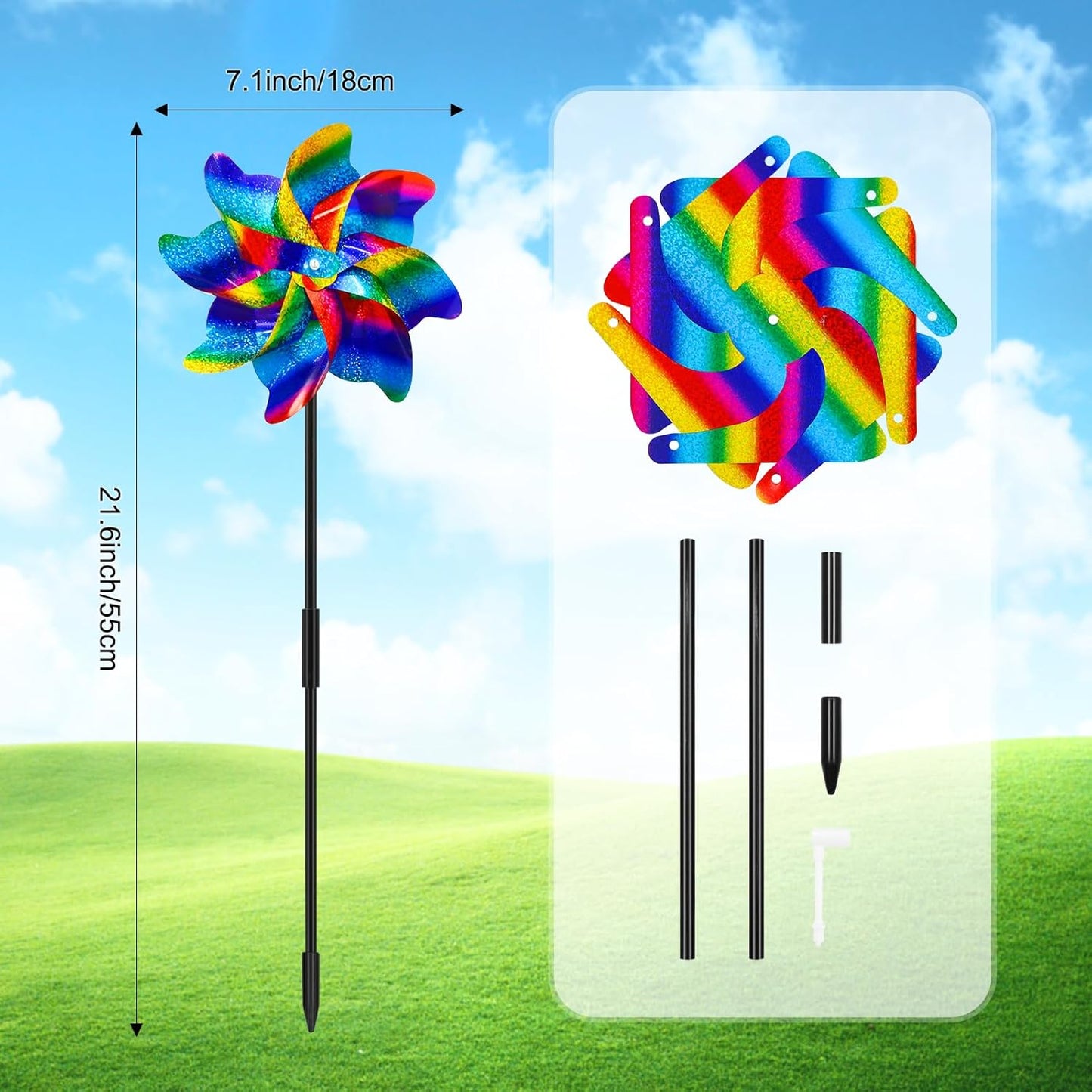 10 Packs Rainbow Pinwheels Outdoor Wind Spinners Pin Wheel Windmills Sparkly Gradient Scare Birds Animal Away Wheel Spinners Yards Garden Decor