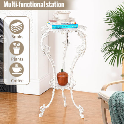 Sungmor Heavy-duty Cast Iron Plant Stand Patio Side Table, 15.3" Wide 27.5" Tall 2-layer Potted Pedestal, Vintage Rust White Planter Holder, Elegant Victorian Style Indoor Outdoor Decorative Pot Stand