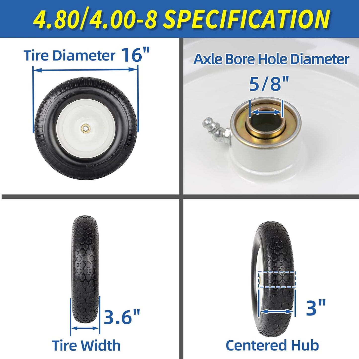 4.80/4.00-8" Wheelbarrow Tire, 16" Flat-Free Solid Tire and Wheel, 3" Centered Hub, 5/8" Axle Bore Hole,for Garden Wagon Cart Trolley Dolly Replacement(2 Pack)