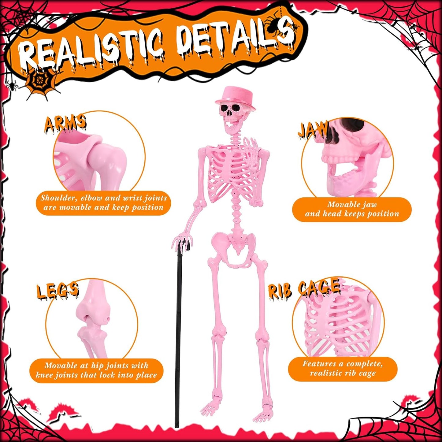 Tellingyou 6 Pcs Halloween Skeleton Decorations, Include 2 Pcs 5.4 ft Pink White Posable Life Size Skeletons, 1 Cane, 1 Tulle Skirt, 1 Hat, 1 Pink Glasses for Halloween Graveyard Haunted Decor