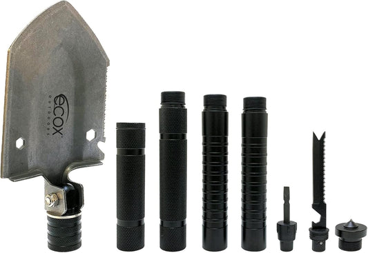 ecox Folding Shovel Survival Multitool for Camping Outdoors Shovel 4 Body Screwdriver Knife Saw Whistle Starter Can Opener Glass Shatterer All in one Tool
