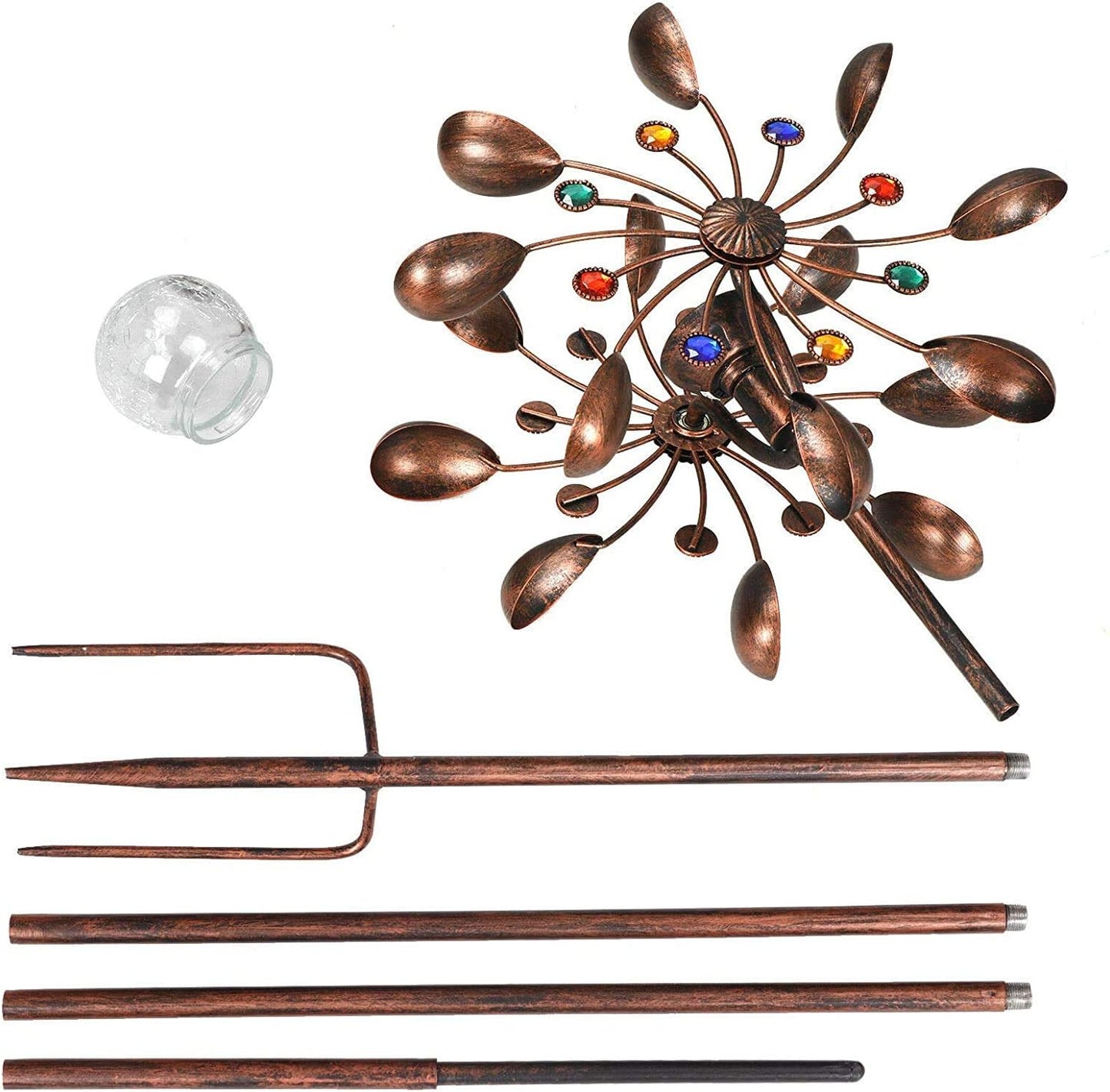 Solar Wind Spinner Multi-Color LED Lighting by Solar Powered Glass Ball with Kinetic Wind Aculptures Dual Direction Decorative Lawn Ornament Wind Mill.