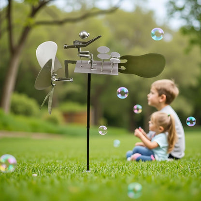 Handmade Metal Drummer Rock Band Windmill, Wind Powered Kinetic Sculpture, Garden Outdoor Wind Mill Spinner for Yard Lawn Garden Patio Rockin Art Figurine Decor (Silver)
