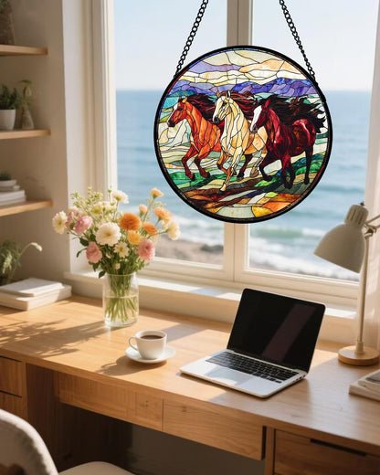 Stained Glass Window Hanging, Galloping Horses Sun Catcher for Door Home Decor Colorful Suncatcher Christmas Mother's Day Birthday Gifts for Women Men Mom and Nana 11.8 in