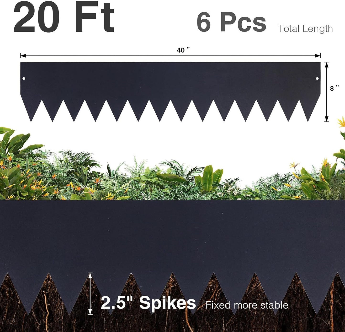 6-Pack Galvanized Steel Landscape Edging w/Black Powder Coating - 40" L x 8" H Bendable Metal Strips - Hammer-in Edge Border w/ 7 Clips for Lawn, Yard Pathway Divider (20Ft Total) #LYLB08BK-US