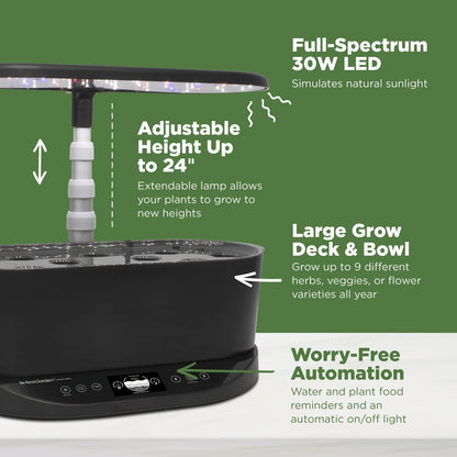 Indoor Hydroponic Garden with LED Grow Light, 9 Pod Smart Herb Garden System with Auto Timer, 30W Full Spectrum Light, Countertop Indoor Plant Growing Kit with Vacation Mode